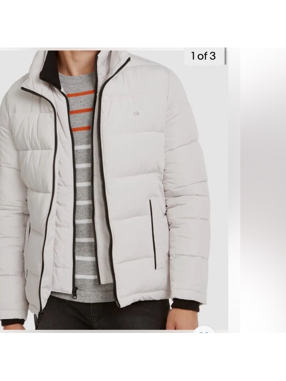 Calvin Klein Men's Light Gray Quilted Puffer Jacket with Black Trim